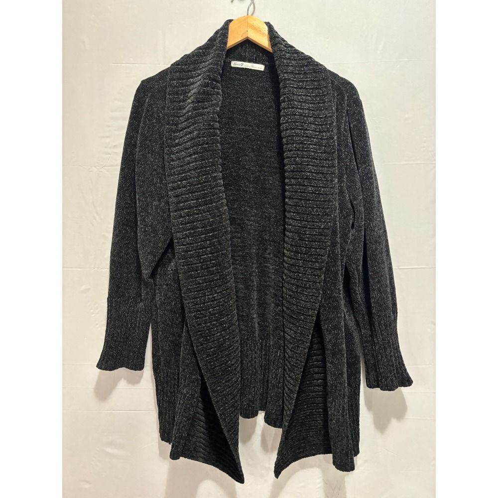 Seven7 Shawl Neck Chenille Cardigan Women’s Caviar Black Open Front Ribbed Knit